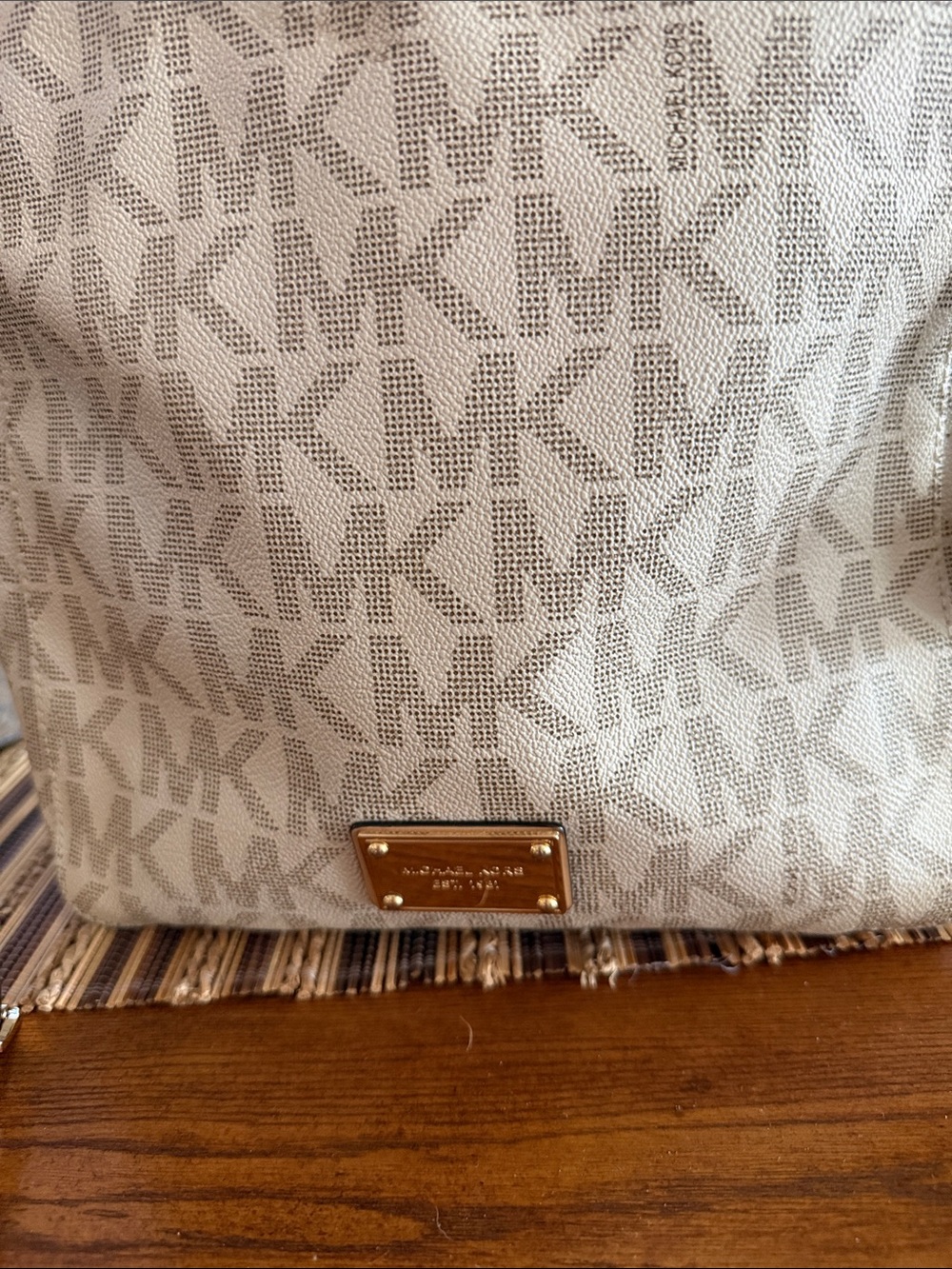 Michael Kors Beige Logo Print Tote with Gold Plaque